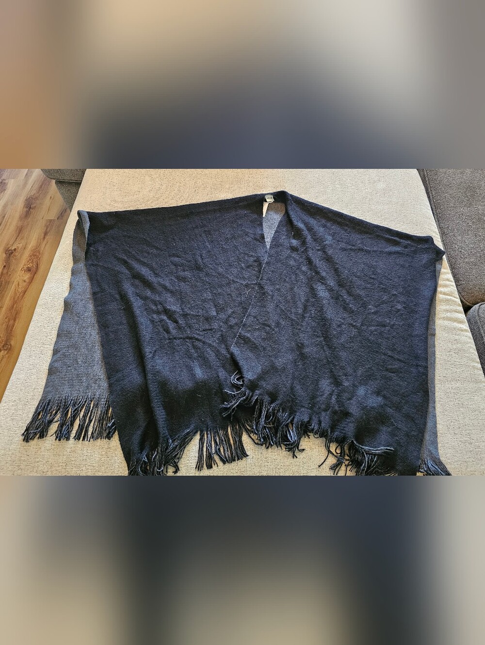 Navy Fringe Open-Front Poncho Sweater